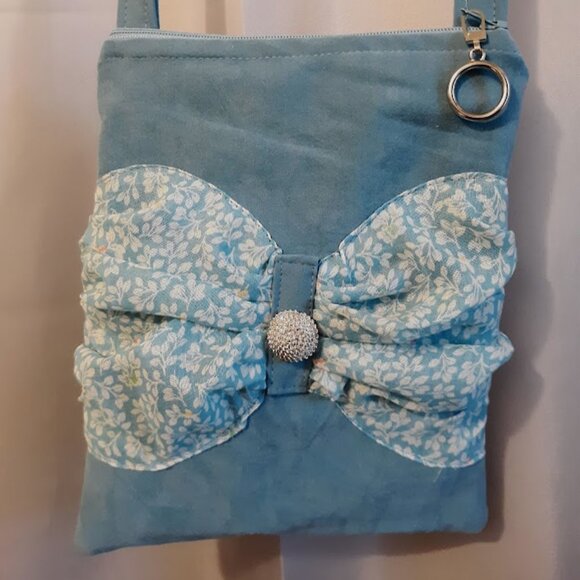 NEW Velvet texture Sueded Floral Bow Shoulder bag Purse Blue Cute Girlie Sling - Picture 1 of 9